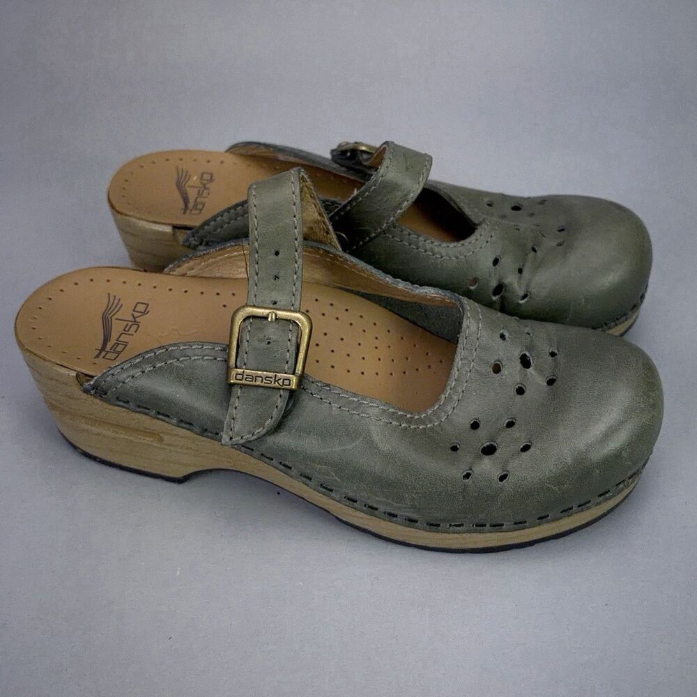 Dansko Merrie Olive Green Leather Mary Jane Slip On Clogs Size EU 36 US 5.5-6
